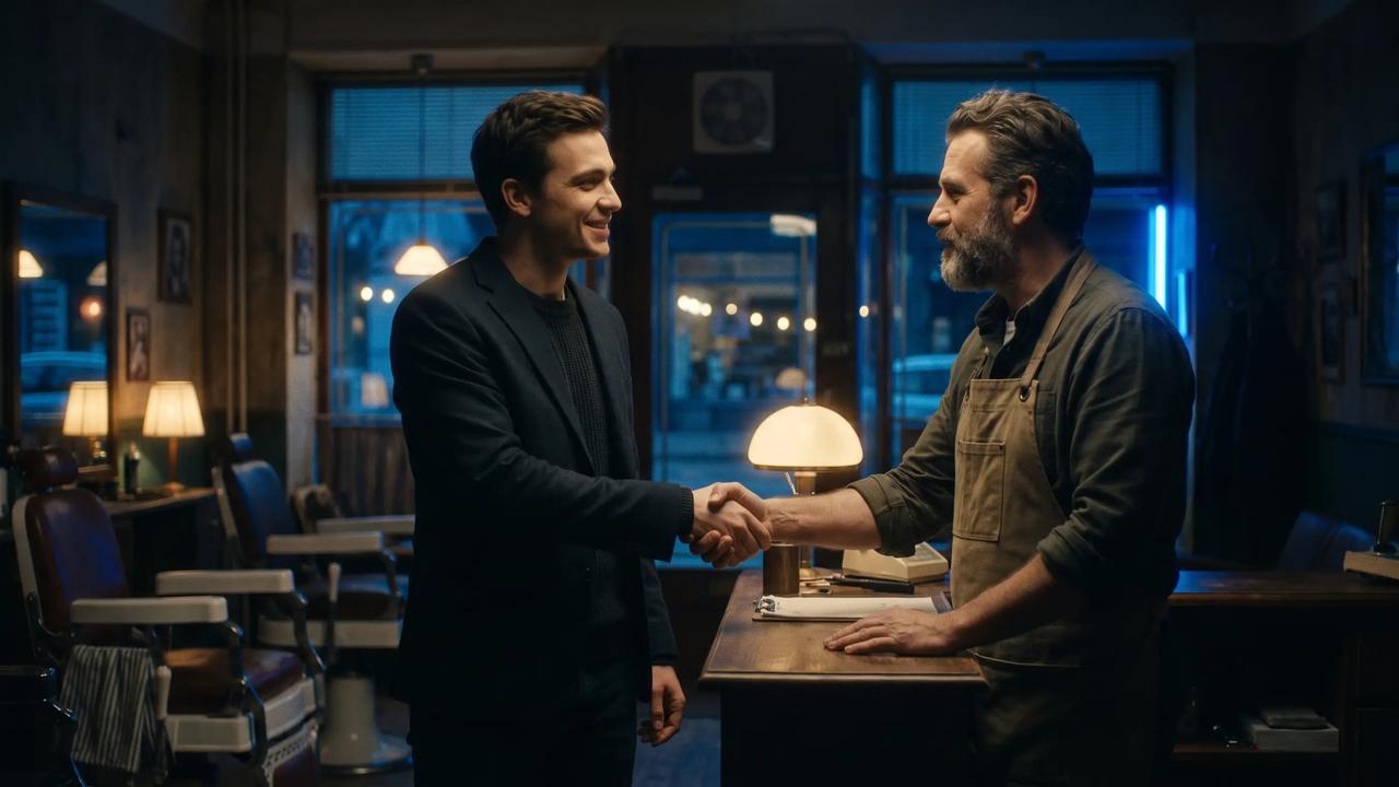 A salesperson closing a deal with a barbershop owner